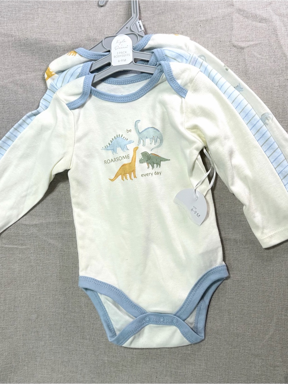 Kyle Deena Blue-Trim Baby Dino One-Piece Bodysuit - 3-Pack